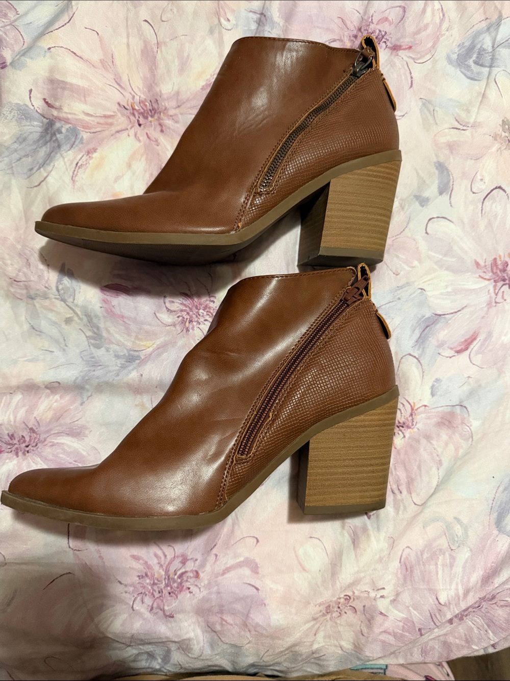 Universal Thread Brown Leather-Look Ankle Booties with Stacked Heel - Picture 2 of 7